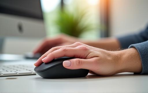 Une personne âgée apprenant à utiliser une souris d'ordinateur.