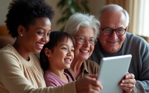 Une famille faisant un appel vidéo sur une tablette.