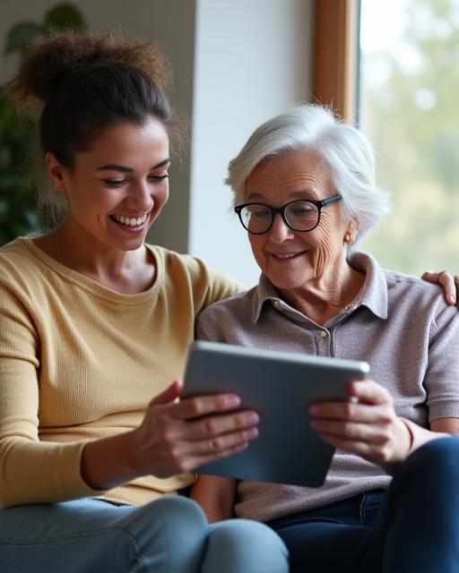 Un formateur bienveillant expliquant le fonctionnement d'une tablette à une senior attentive.
